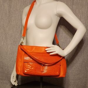 Sondra Roberts Bright Orange Smooth & Croc Embossed Leather Shoulder Bag